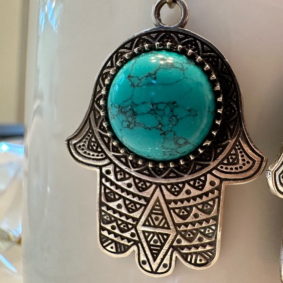 Beautiful front and back! Moroccan Turquoise and Silver Plate Earrings! - Picture 2 of 8